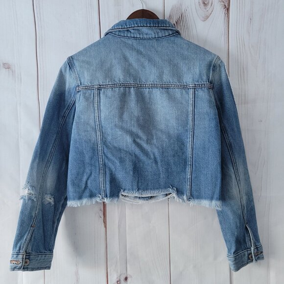 KanCan Los Angeles 100% Cotton Cropped Distresses Denim Jean Jacket Women’s L - Picture 3 of 7